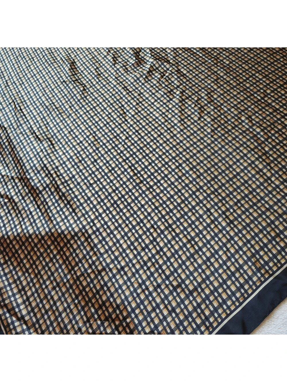 Vintage plaid brown and black large satin scarf